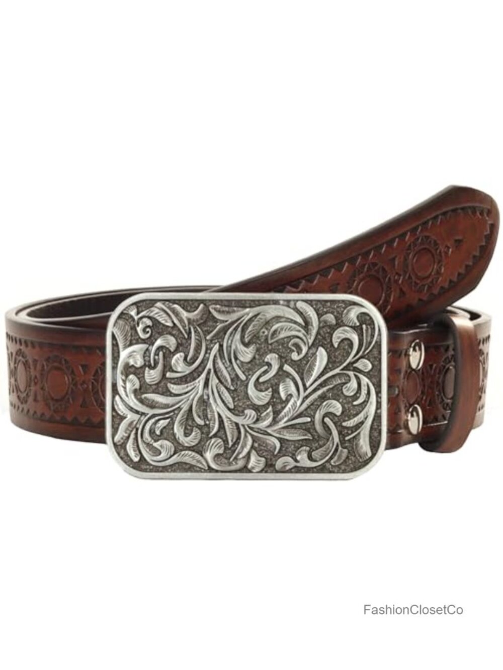 Faux Leather Western Belt Turquoise Oval Buckle Embossed Cowgirl Style